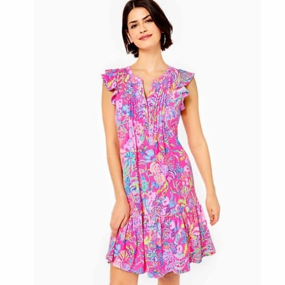 Lilly Pulitzer Golda Flutter Sleeve Pink Isle Shell Me Something Good Dress XS